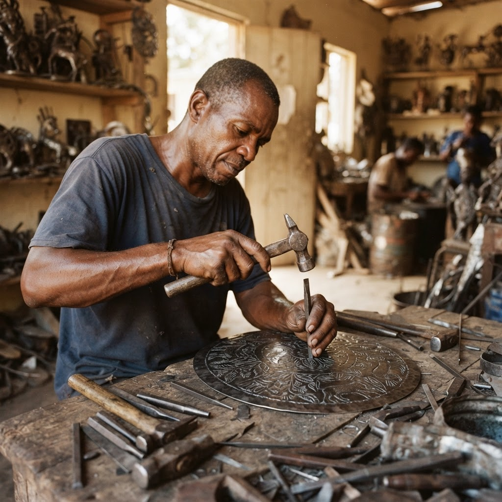 A Haitian artisan hammering designs into recycled steel drum art